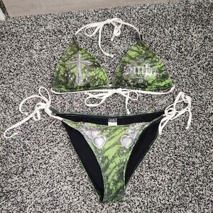 Sinful Y2k Bikini Green Bling Sequins Grunge Punk Emo Top L,Bottom M,Cross Angel